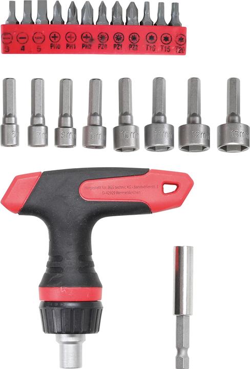 Produktbild BGS Bit-/Steckschlüssel-Einsatz-Satz mit Ratschen-T-Griff für Bits, umschaltbar 22-tlg. (6,3 mm)