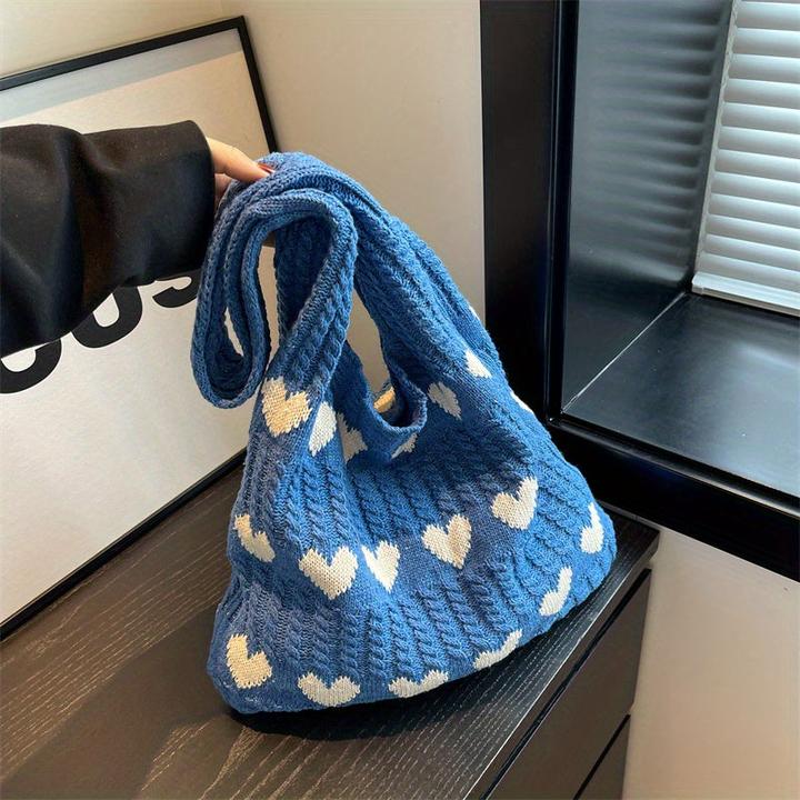 Actual product image Only-Bags.Store Minimalist love pattern hobo bag, knitted storage shopping bag, lightweight holiday bag
