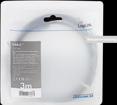 Produktbild LogiLink USB 2.0 Type-C-Kabel, USB-C/M 90° zu USB-C/M, E-mark, PD, schwarz, 2 m (2 m, USB 2.0)