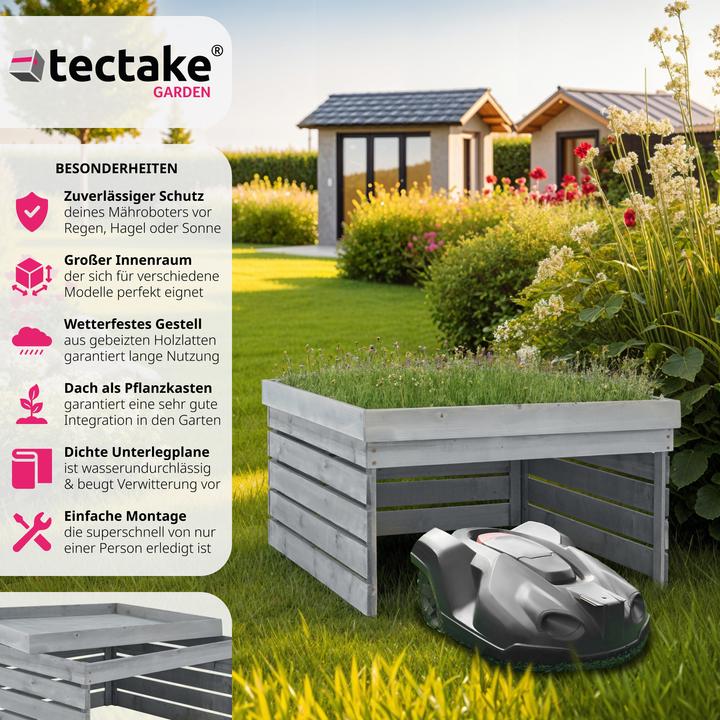 Produktbild tectake Rasenmäher-Roboter-Garage Hortus, Holz, bepflanzbares Dach (Rasenmäher, Mähroboter Garage)