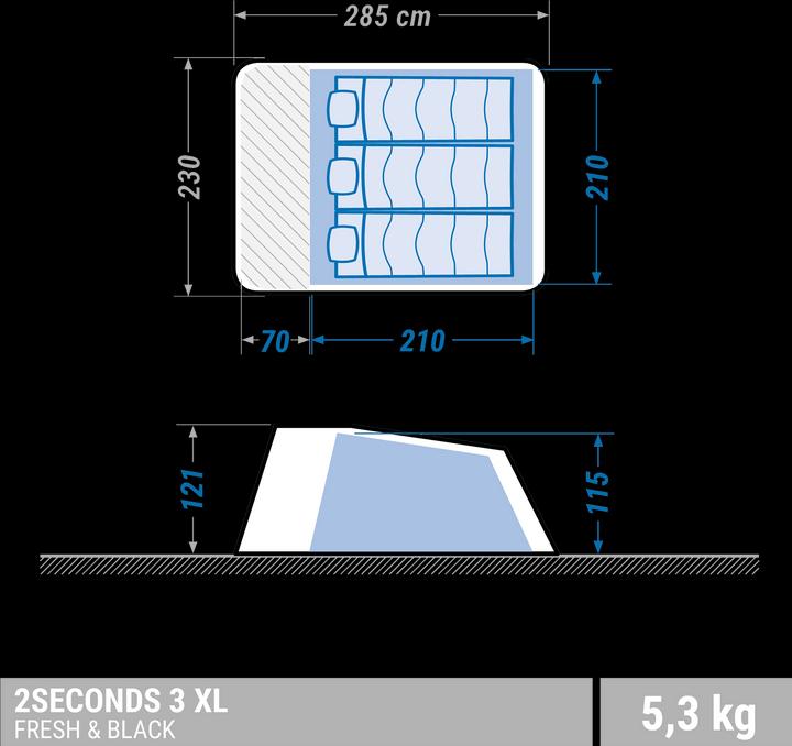Image du produit Quechua 2 Seconds 3 XL Fresh&Black (Tente instantanée, 5.43 kg, 3 personnes)