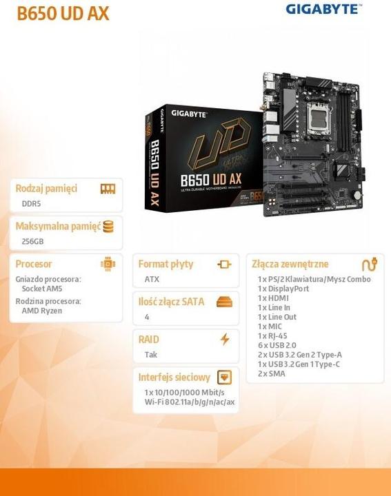 Actual product image Gigabyte B650 UD AX (AM5, AMD B650, ATX)