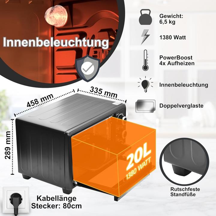 Produktbild OptimumX Vrijstaande Mini Oven 20L Convestie Mini Oven Hetelucht -Timer - Zwart )