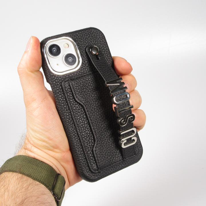 Image du produit PhoneLook Coque Personnalisée cuir sur mesure avec lettrage argent + lanière et compartiment carte (Apple iPhone 15)