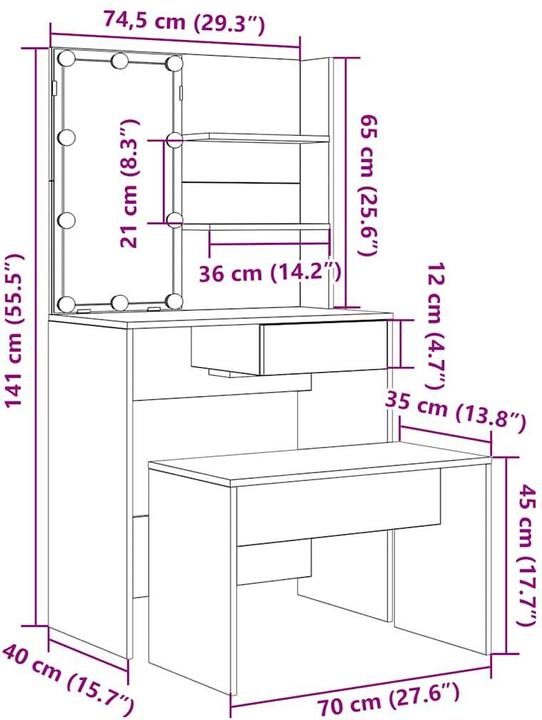 Actual product image VidaXL Schminktisch-Set mit LED-Leuchten Artisan-Eiche Holzwerkstoff (74.5 x 40 x 141 cm)