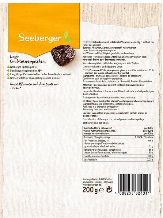 Valeurs nutritives et ingrédients Seeberger Prunes dénoyautées (200 g)