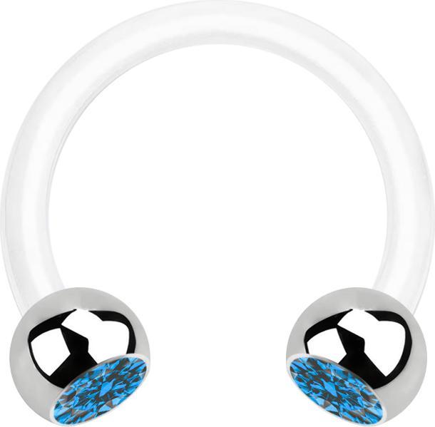 Star Piercing Micro Circular Barbell weiss mit zwei Kugeln silber Kristall hellblau (Chirurgenstahl 316L, Bioflex, ohne Messing)