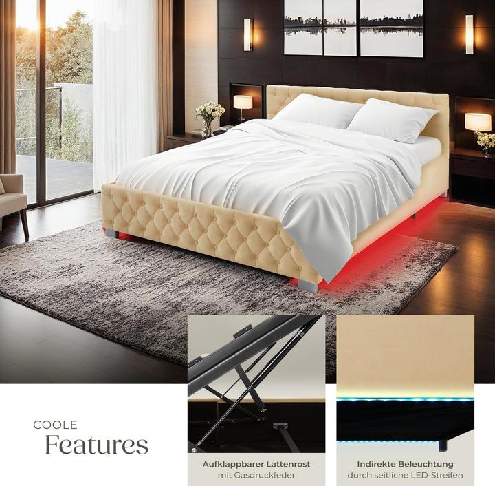 Produktbild tectake Polsterbett mit LED-Leisten & Stauraum (180 x 200 cm)
