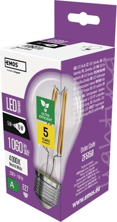 Produktbild Emos LED Lampe Filament A60 / E27 / 5 W (75 W) / 1 060 lm / Neutralweiss (E27, 5 W, 1060 lm, 1 x, A)
