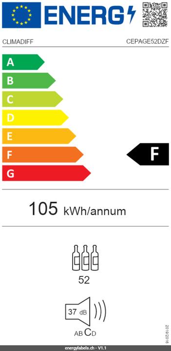 Energie-Label Climadiff Weinkühlschrank CEPAGE52DZF Freistehend, 2 Zonen. 52