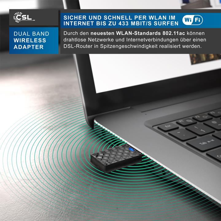 Image du produit CSL Adaptateur WLAN USB, clé USB AC450 WIFI Dual Band, 433 MBit/s, 2.4 GHz / 5 GHz, 802.11ac, WPS (USB 2.0)