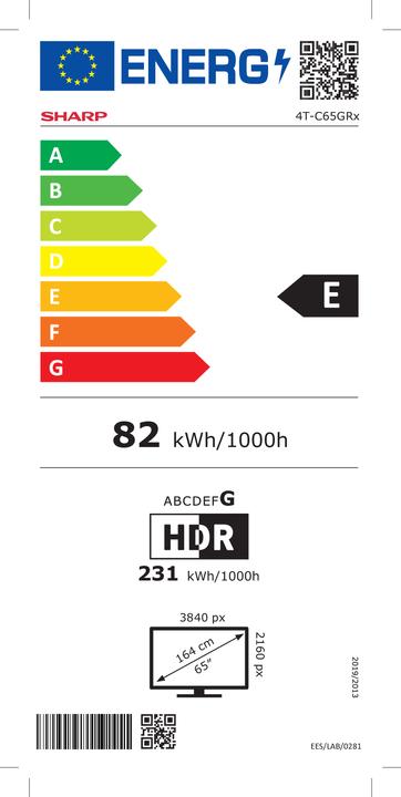 Energy Label Sharp 65GR8265E 65" (164cm) 4K Ultra HD QLED Smart Google Frameless TV, 144Hz, Dolby Vision IQ, Dolby Atmo (65", GR8, QLED, 4K)