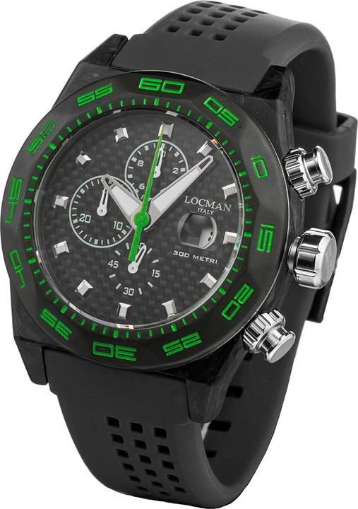 Produktbild Locman Italy Herrenuhr Stealth Carbon Chronograph schwarz/grün Ref. 0218 (Chronograph, 46 mm)