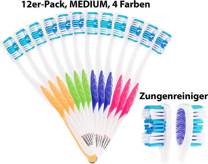 Produktbild Newgen medicals 12er-Pack Marken-Zahnbürsten mit Zungenreiniger, MEDIUM, 4 Farben (Mittel, 12 x)