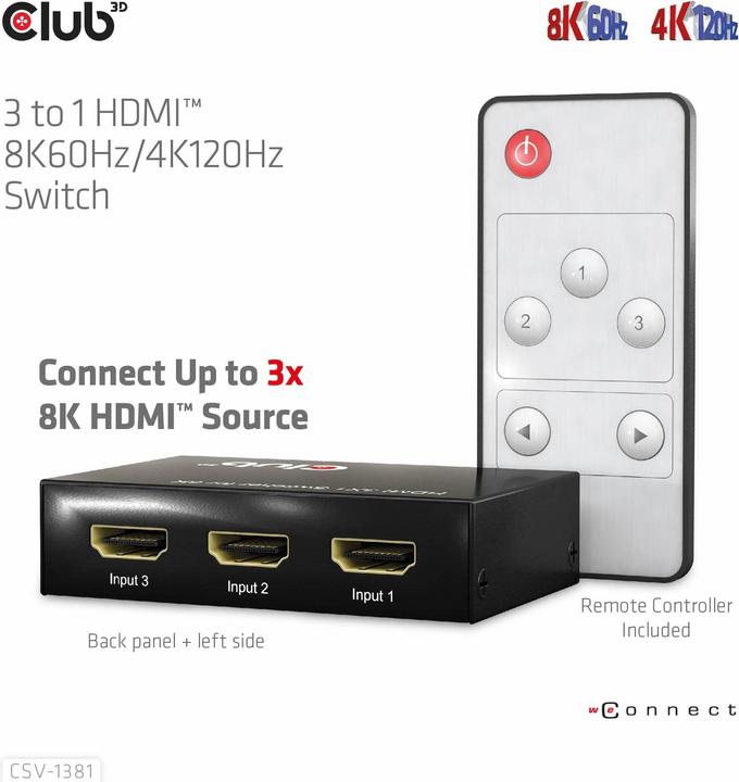 Actual product image Club 3D Club3D HDMI Switchbox 3 inputs -> 1 output 8K60Hz UHD retail