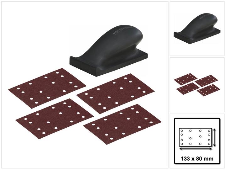Festool HSK 80x133 H Blocco di levigatura duro 80 x 133 mm + 200x Nastri abrasivi P40 / P60 / P120 (50x P40, 50x P60, 50x P120, 50x P180)