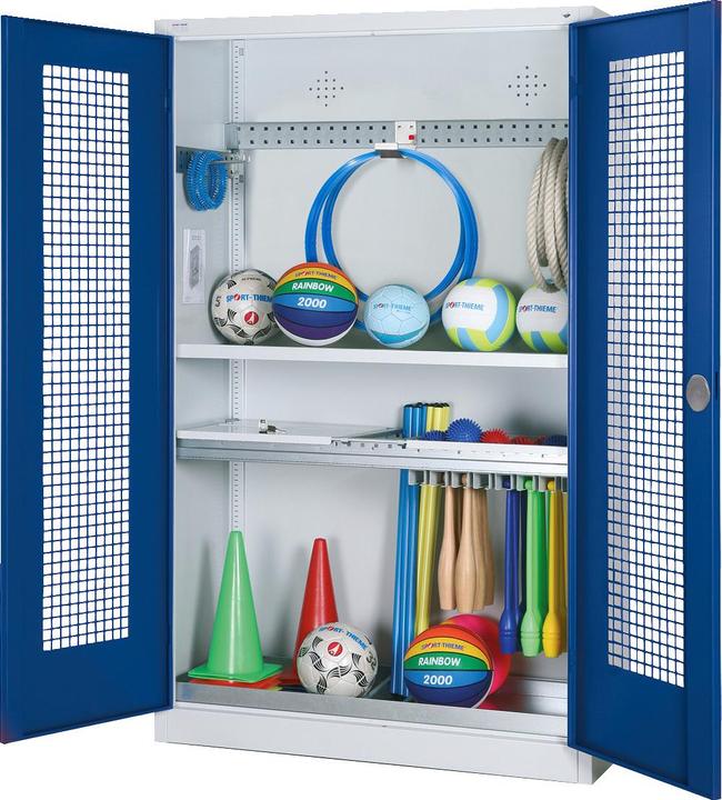 Produktbild C+P Modul-Sportgeräteschrank mit Komplettausstattung (HxBxT: 195x120x50 cm, mit Lochblech-Flügeltüren)