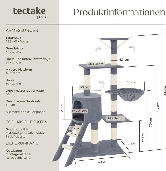 Image du produit tectake Arbre à chat Dominik (144 cm, Gris)