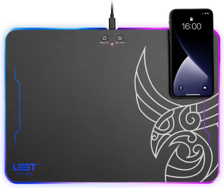 Immagine prodotto L33T Tappetino per mouse da gioco Kvennavagn, con retroilluminazione LED RGB, ricarica QI