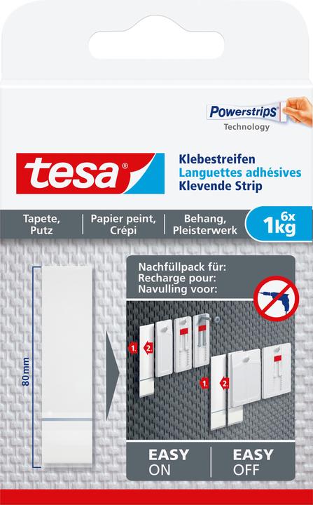tesa Powerstrips für Tapete & Putz, 1kg Halteleistung, 6x doppelseitige Klebestreifen
