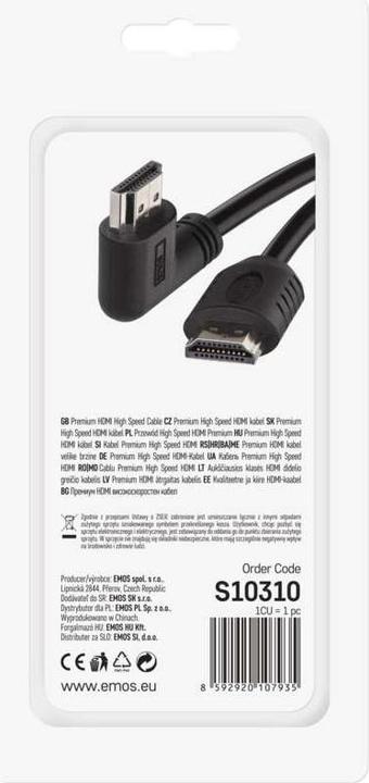 Produktbild Emos High Speed HDMI Kabel 2.0 A Stecker – A Stecker 90° 3m (3 m, HDMI)