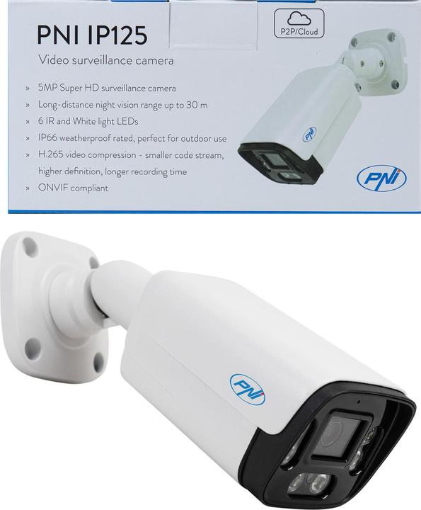 Actual product image PNI IP125 video surveillance camera with IP, 5 MP, H.265, ONVIF, outdoor and indoor IP66, people
