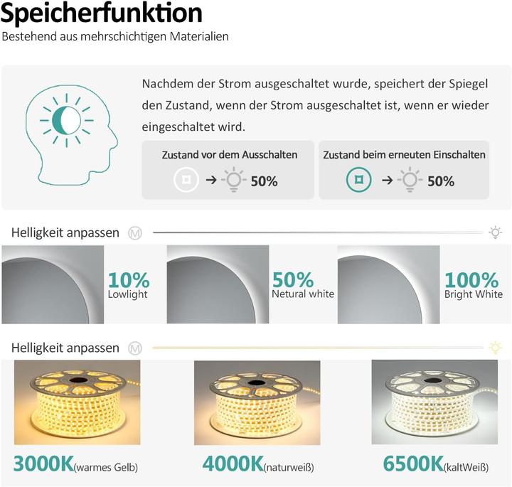 Produktbild Emke Badspiegel mit Beleuchtung Φ60cm,Beschlagfrei, 3 Farbtemperaturen(3000K-6500K) und dimmbaren