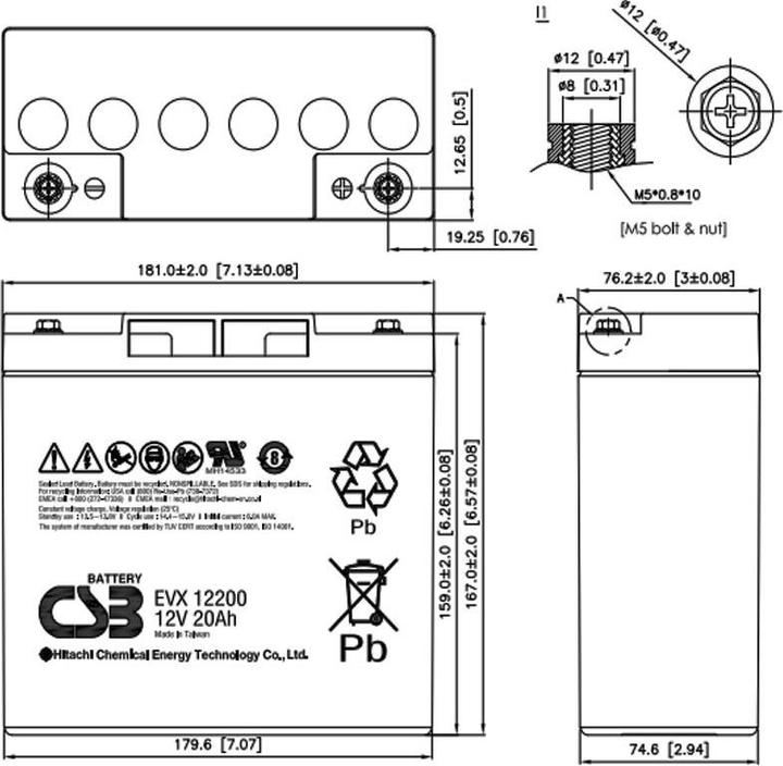 Image du produit CSB EVX12200 Batterie au plomb AGM 12 volts 20Ah, 181x76,2x167mm, résistante au cyclage, M5 femelle (12 V, 20 Ah)