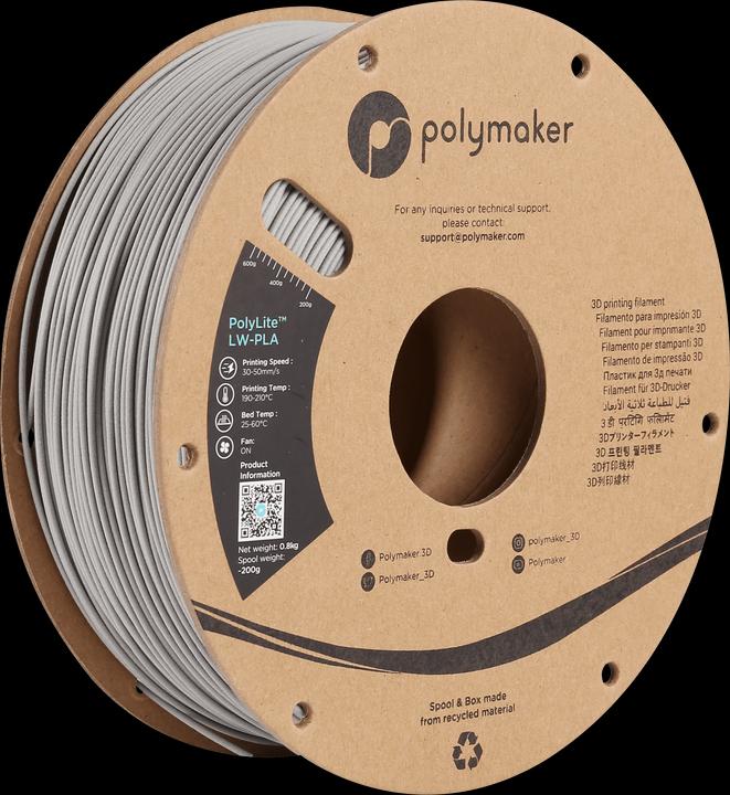 Actual product image Polymaker PolyLite LW-PLA (PLA, 1.75 mm, 800 g, Grey)