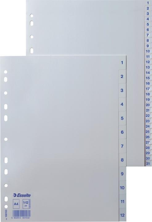 Image du produit Leitz Intercalaires en plastique Esselte, chiffres, A4, 1-12, blanc Perforation universelle, dimensions :