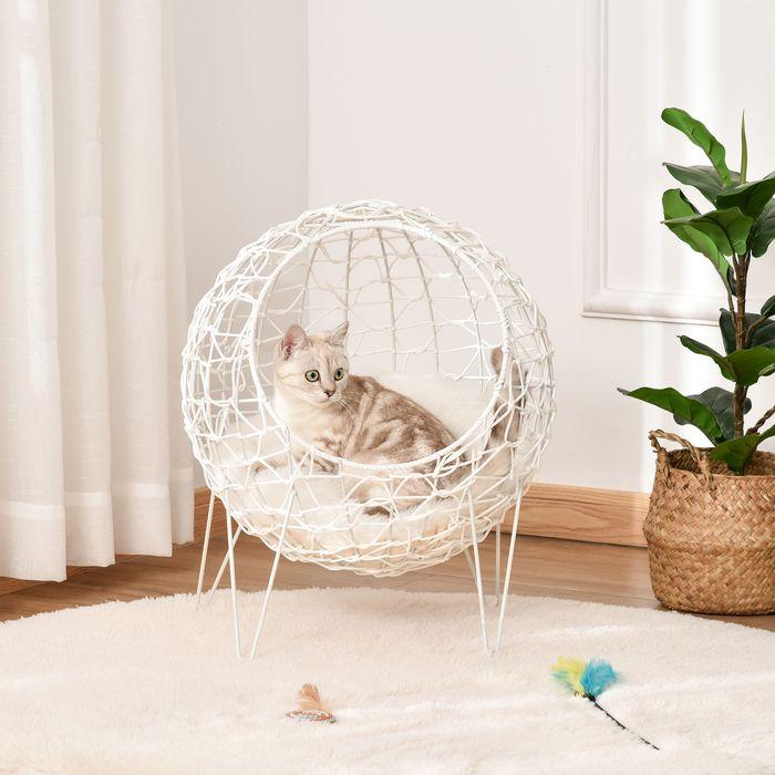 Produktbild Swisshandel24 Rattan Katzenkorb Katzenhöhle Katzenhütte Katzenbett mit Kissen erhöhtes Design Haustierbett Cremewe (Katze)
