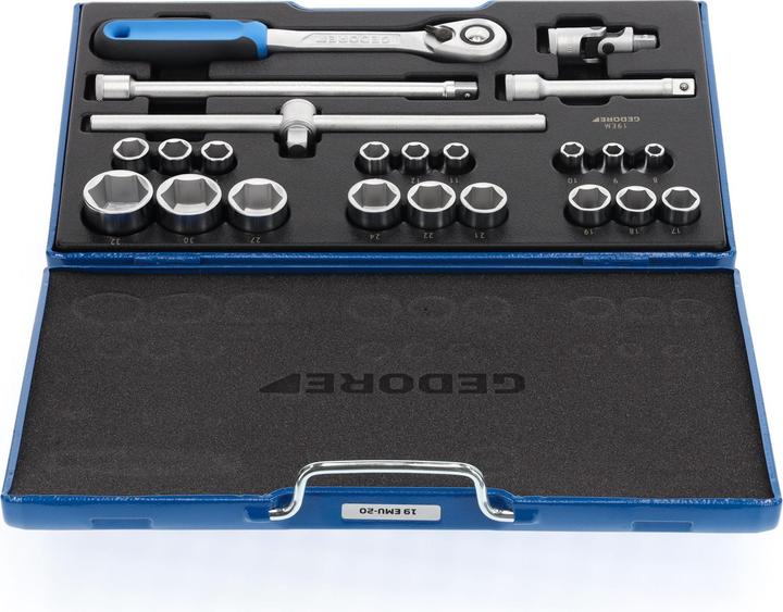 Produktbild Gedore 19 EMU-20 Steckschlüssel-Satz 1/2", 23-teilig, 6-kant, 8-32 mm (32 mm, 20 mm, 19 mm, 27 mm, 21 mm, 14 mm, 29 mm, 18 mm, 11 mm, 12 mm, 23 mm, 26 mm, 22 mm, 15 mm, 25 mm, 13 mm, 16 mm, 24 mm, 31 mm, 8 mm, 10  mm, 30 mm, 17 mm, 28 mm, 9 mm)