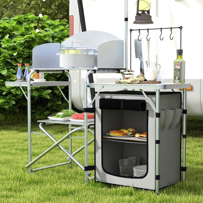 Produktbild Swisshandel24 Campingküche, faltbar, 3 Arbeitsplatten, Windschutz, Stoffschrank, 144x48x119cm, Silber