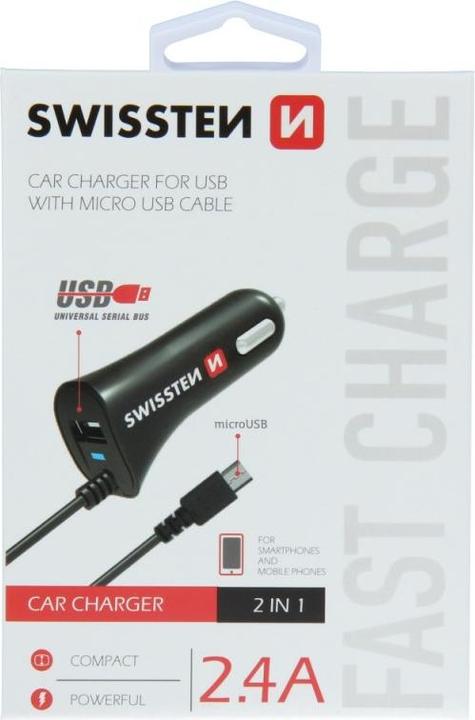 Actual product image Swissten USB Car Charger Micro USB and USB 2.4A Power