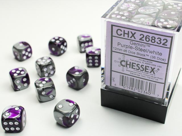 Produktbild Chessex Gemini® 12mm d6 Purple-Steel/white Dice Block (36 dice)