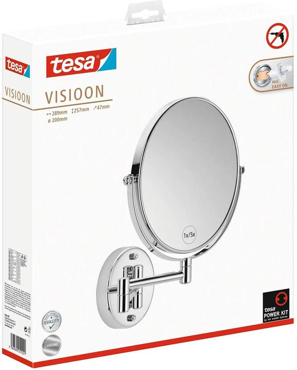 Produktbild tesa VISIOON Kosmetikspiegel schwenkbar mit 5-fach-Vergrösserung -Spiegel zur Wandmontage ohne Bohren (48 x 26 x 31 cm)