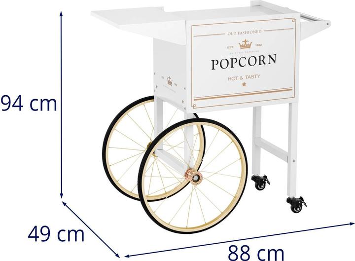 Produktbild Royal Catering Popcornwagen Wagen für Popcornmaschine Popcorntrolley 2 Bremsen weiss & golden