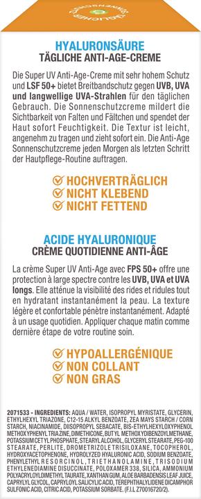 Valeurs nutritives et ingrédients Garnier Ambre Solaire Sensitive expert+ Anti-Age Super UV (Crème solaire visage, SPF 50+, 50 ml, 70 g)