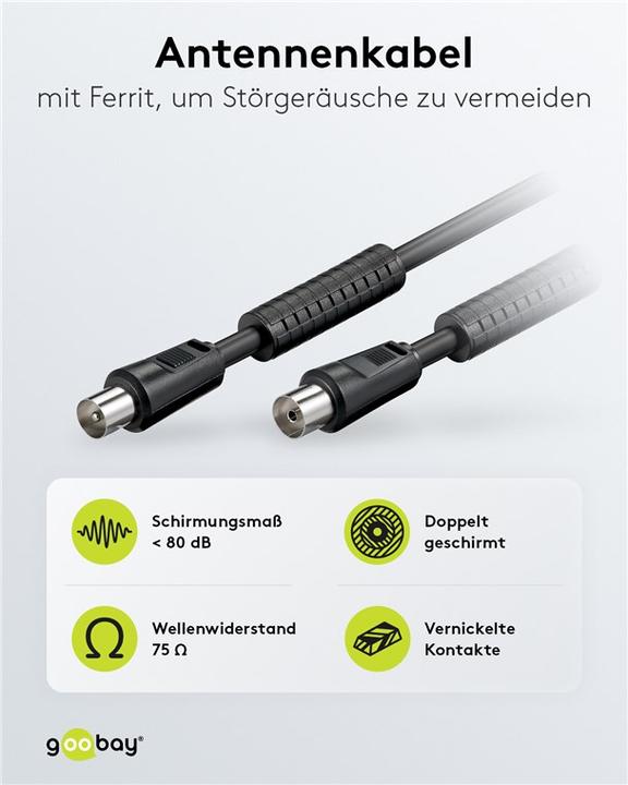 Immagine prodotto Goobay Cavo di collegamento dell'antenna, 100% schermato, ferrite, nero, 3,5 m (80 dB, Cavi antenna)