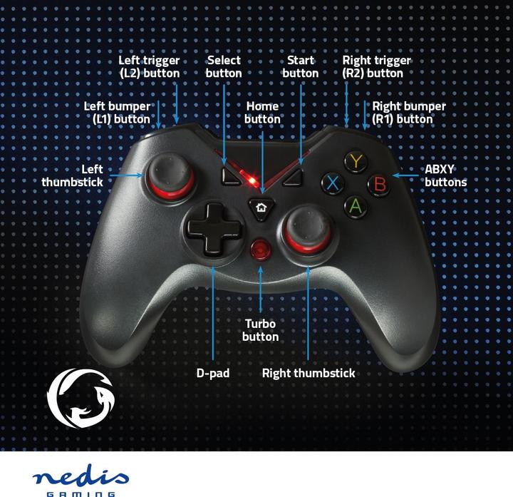 Produktbild Nedis Gamepad | USB Type-A | Stromversorgung über USB | PC | Anzahl Knöpfe: 12 | Kabellänge: 1.60 m (PC)