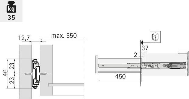 Produktbild Hettich Schubladenschiene Vollauszug 450 mm mit Anschlagdämpfung chromatiert 9126922 2 Stück