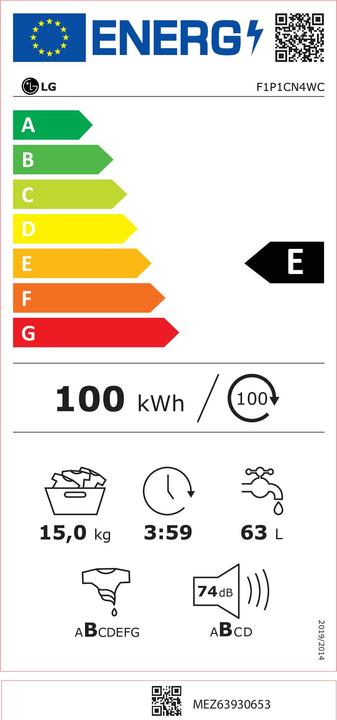 Energie-Label LG F1P1CN4WC AIDD Intelligente Waschmaschine 15kg TurboWash 1100rpm Frontlader Klasse E (15 kg, Links)