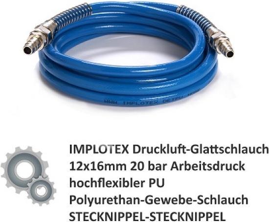 Produktbild Implotex - Druckluft-Glattschlauch 12x16mm 20 bar - 1m Arbeitsdruck hochflexibler PU Polyurethan-Gew