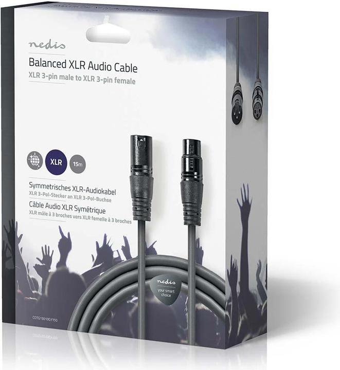 Actual product image Nedis Balanced Audio cable XLR 3-pin male XLR 3-pin female Nickel-plated 15.0 m round PVC Dark grey (15 m, XLR)