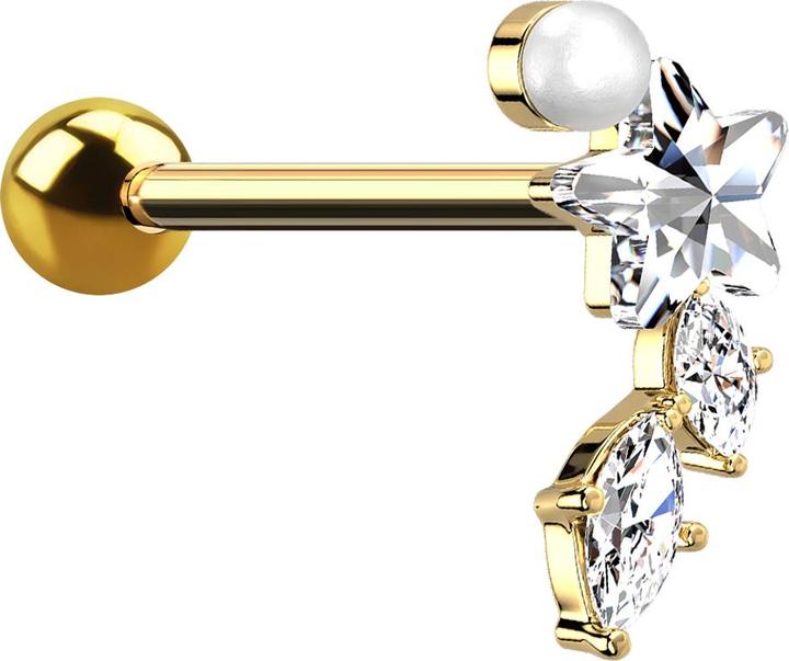 Produktbild Star Piercing Micro Barbell vergoldet Perle Kristallstern und zwei Kristalltropfen (Chirurgenstahl 316L, Messing)