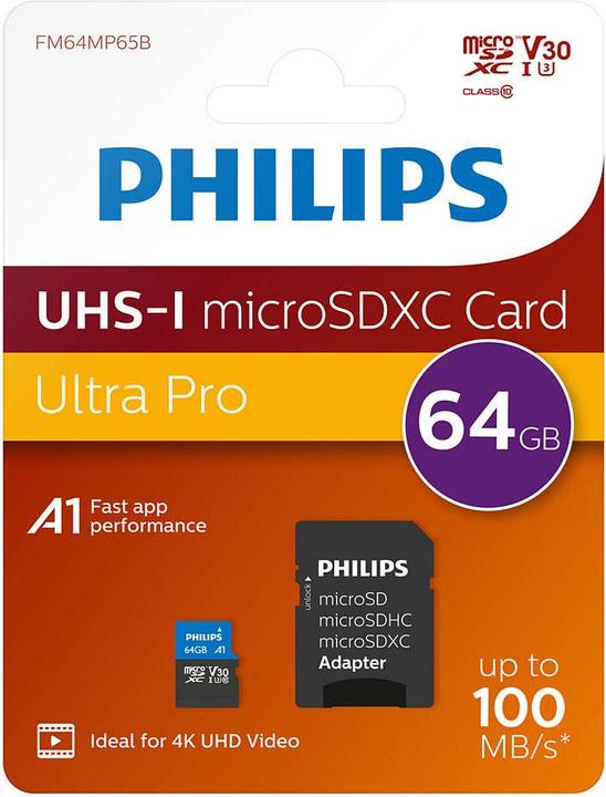 Actual product image Philips MicroSDXC Class 10 UHS-I U3 with adapter (64 GB, microSDXC, U3, UHS-I)