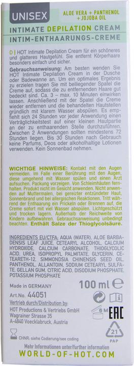 Nährwerte und Zutaten HOT Intimate Depilation Cream (100 ml, 1 x, 150 g)