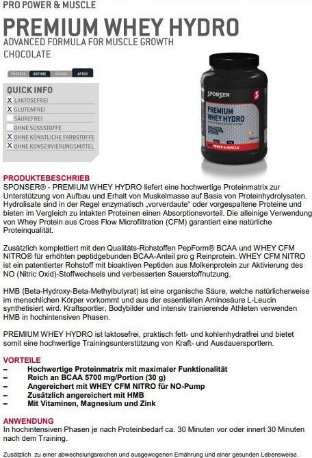 Valeurs nutritives et ingrédients Sponser Whey hydro premium (Chocolate, 1 pcs, 850 g)