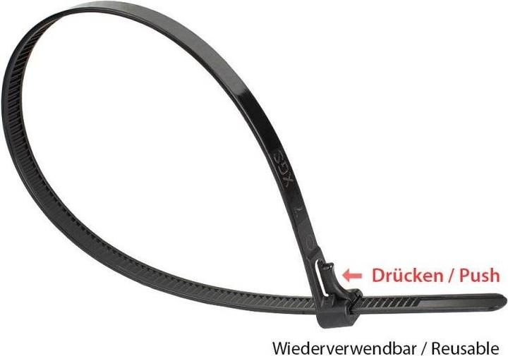 Produktbild Varia SO-37897 - Wiederverwendbarer Kabelbinder 300 x 7,4 mm, schwarz, -40°C bis +80°C, 100 Stück (Kunststoffkabelbinder, 300 mm, 100 Stk.)