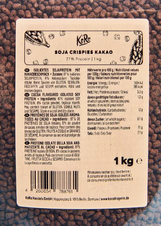 Valeurs nutritives et ingrédients KoRo Protéine de soja isolée au goût de cacao (1000 g)
